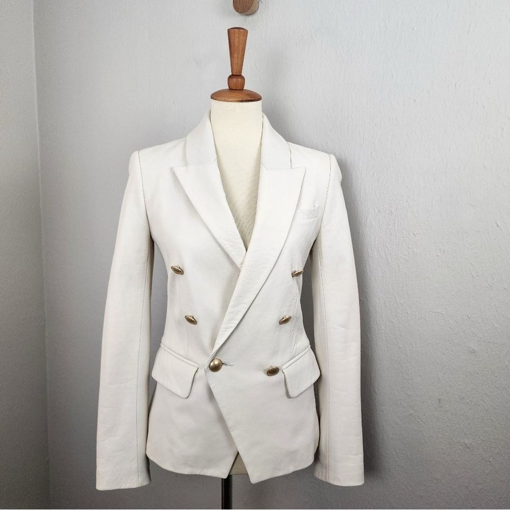 NWOT L'AGENCE Ivory Double-Breasted Blazer with Gold Buttons 6 Leather